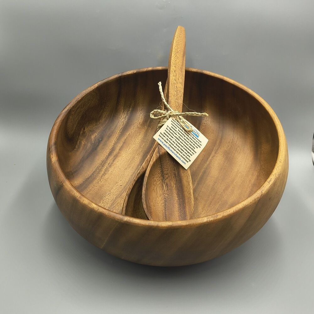 Pacific Merchants Acaciaware 12" x 4" Round Calabash Wood Salad Serving Bowl Set